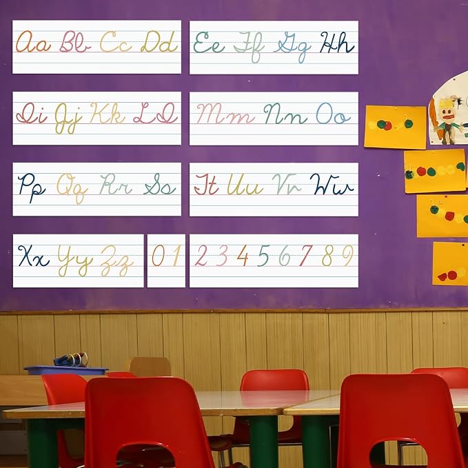 Set of 9 Cursive Writing Bulletin Board Cursive Alphabet Wall Strip for Teacher Supplies, Classroom Teaching Tool, Homeschooling, Kids Education(Colorful)
