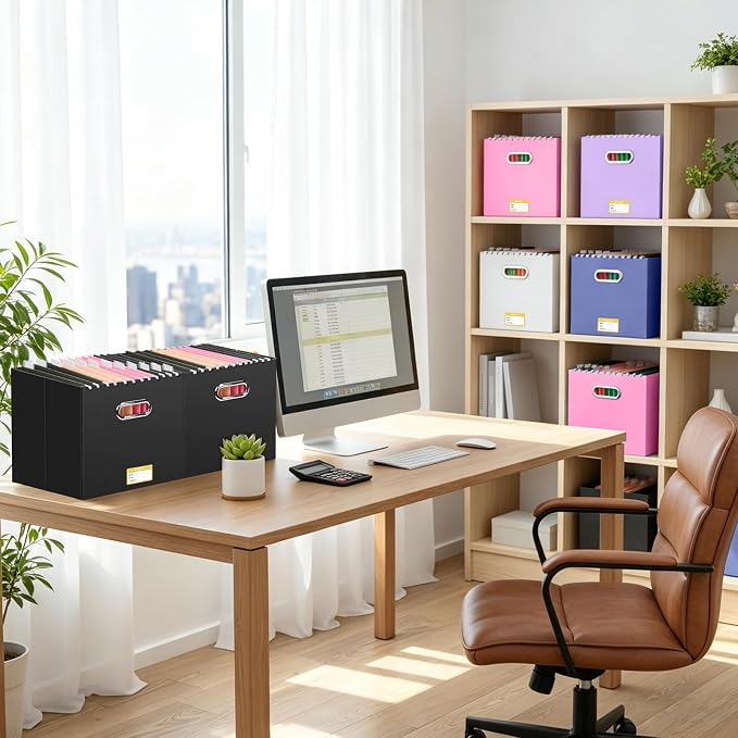 BALEINE File Organizer Box, Cardboard File Folder Organizer with Handle for Letter Size, Portable Collapsible Hanging Filing Box for Home Office Document Storage (8 Pack, Large Black)