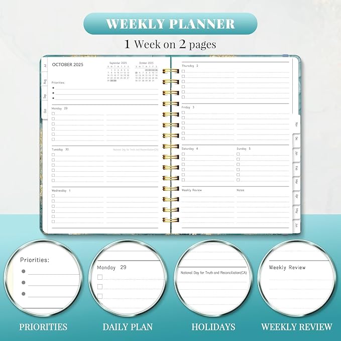 Lonely Oak Academic Planner 2025-2026, Daily Weekly and Monthly Calendar Planner 6.18" x 8.5" with Tabs, Spiral School Year A5 Agenda from JUL.2025 to JUN.2026 for Student and Teacher (Crey Marble)