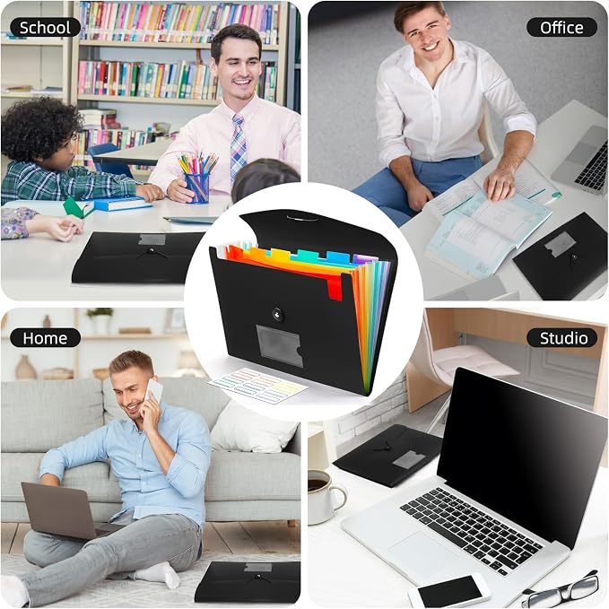 Accordian File Organizer 7 Pocket Expanding File Folder with Labels, Plastic Expandable File Folder for Documents Letter Size A4 Papers - 7-Pack Black
