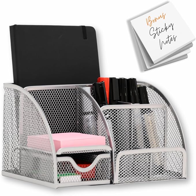 Mesh Desk Organizers with Compartments, 6-Section Desktop Storage Caddy with Drawer for Home, Office, and School, Sticky Notes, Pen & Pencil Holder, Silver