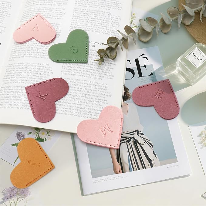 Personalized Initial Leather Heart Bookmark,Cute Corner Page Marker,Reading Accessories for Teachers Students Kids Book Lovers Women Gift,for School Office Home Supplies (P(4 Pcs))