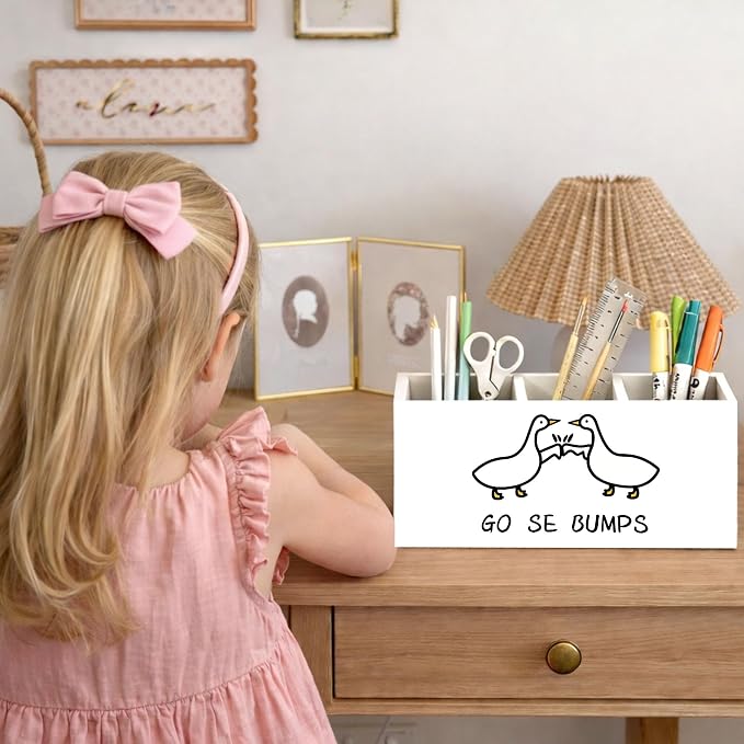Goose Wooden Desk Organizer, Cute Goose Design Pen Pencil Holder with 3 Compartments, Decorative Office Supply Storage Box for Desk, Home, Office, Gift for Animal Lovers
