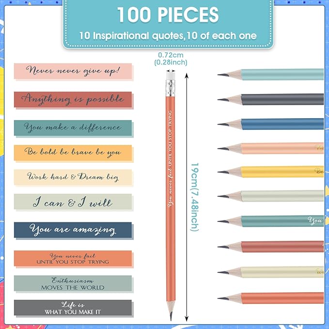 Sabary 100 Pcs Inspirational Pencils Bulk Graduation Gift from Teacher 2 HB Wood Pre Sharpened Pencils Motivational Saying School Gift Teacher Awards for Graduation Party Favor