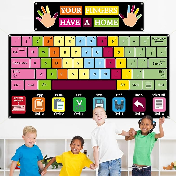 2Pcs Computer Keyboard Backdrop Keyboard Shortcuts Hanging Banner Computer Lab Wall Art Educational Technology Background for Back to School Classroom Decor Elementary Middle School Teacher Supplies