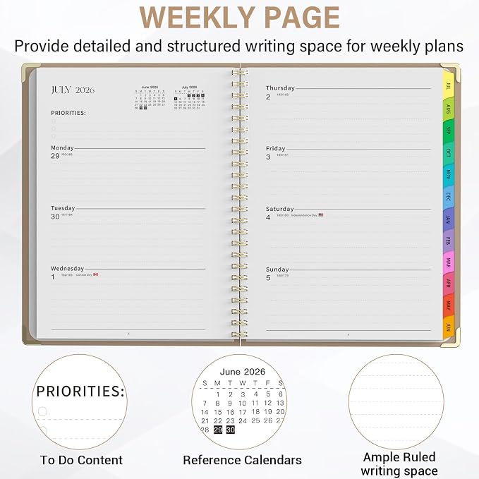 Planner 2026-2027, A4 Hardcover Weekly and Monthly Calendar Planner from July 2026 - June 2027, 8.5" x 11" Daily Agenda with Monthly Tabs, Spiral Bound, Inner Pocket, Cute Journal Organizer Notebook for Office School-Pink Bow