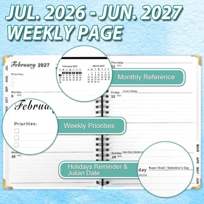 Weekly Monthly Planner 2026-2027, Weekly Planner from Jul 2026-Jun 2027, 6.3" X 8.5" Daily Planner with Tabs, Bookmark, Calendar Planner for Women Girls, Planners Spiral Bound at School/Office