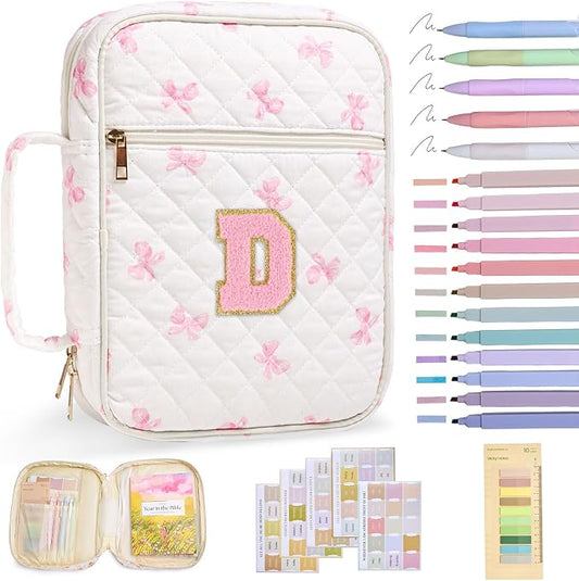 Nayno Initial Bible Cover Case for Women Girls Kid Large Bible Cover with Durable Handle Quilted Bible Carrying Case for Girls Bible Study Supplies Accessories (Pink Bow D, one size)