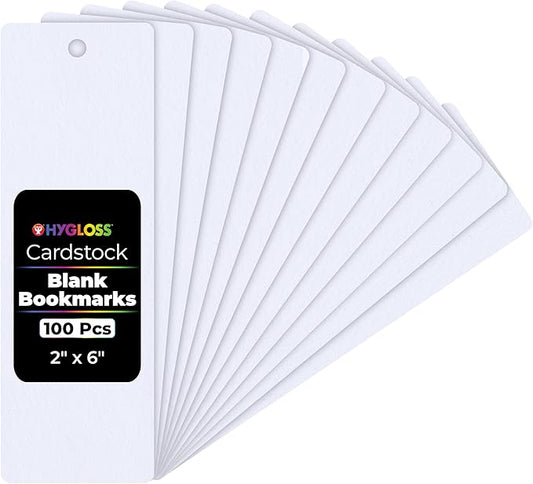 Hygloss Blank Bookmarks to Decorate - 100 White DIY Bookmark Cardstock Blanks - 2x6 Inch, Pre-Punched Hole - Perfect for Craft Projects, Classroom Activities, Custom Gifts - 65 lb Paper
