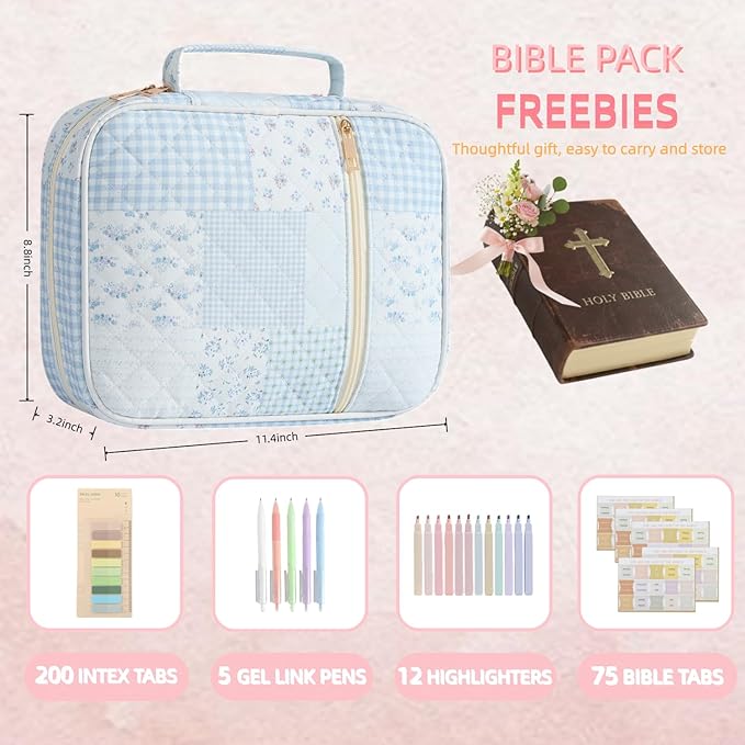 Bible Cover Case for Women Large Bible Cover Bag Bible Study Supplies Accessories Handle Quilted Bible Carrying Case for Girls Christian Gifts for Women (Light Blue)