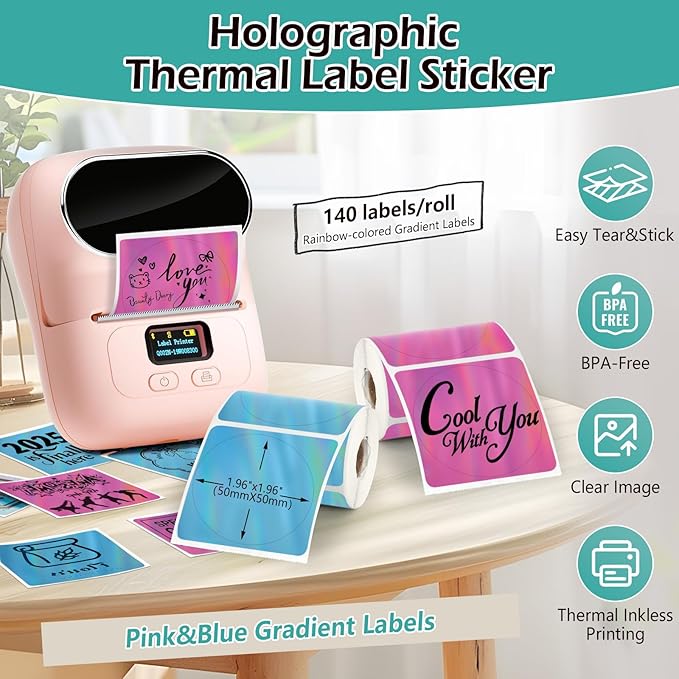 2 Rolls Holographic Thermal Labels 1.96" Pink& Blue Circle Custom Sticker for Phomemo M110/M220/M120/M200 Label Maker Printer Waterproof Address Label Paper for DIY,Logo,Price,Barcode