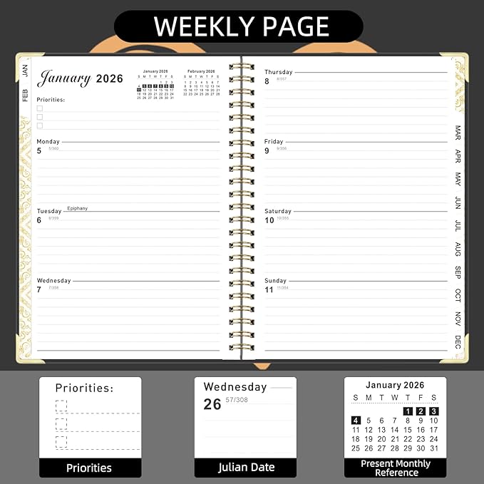 2026 Planner, Jan.2026 - Dec.2026 Weekly Monthly Planner 6.25"x8.5" with Page Tabs, Calendar Hardcover with Inner Pocket, Elastic Band, Twin-Wire Binding, Bookmark, Black Love Heart