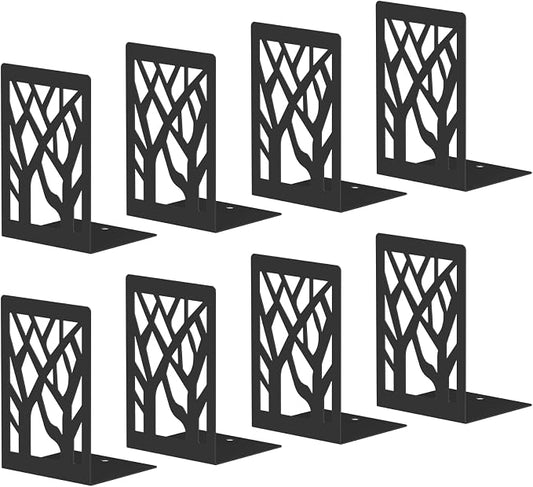 Bookends 8 Pieces, Tree Design Modern Metal Bookends for Shelves, Black Tree Book Ends Decorative Book Organizer for Desk, Decorative Shelve Book Stopper for Home Office