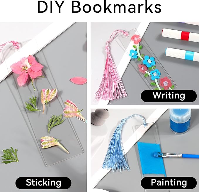 30 Pcs Acrylic Bookmark Blanks Bulk Clear Book Marks Kit with 30 Pcs Colorful Tassels Transparent Reading Book Page Mark Tags Set DIY Crafts Arts Projects Rectangle
