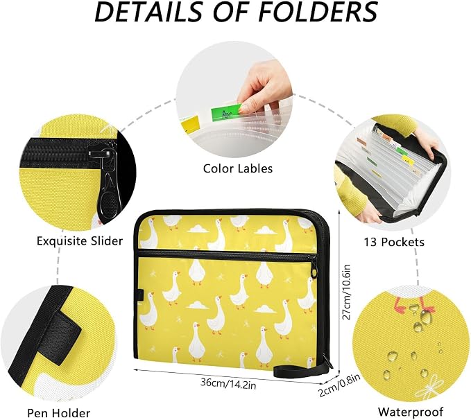 Cute Geese Cartoon File Folders,Plastic Folders with 13 Pockets,Expandable File Folder for Documents School Students Office,Aesthetic Folder with Labels A4 Letter Size