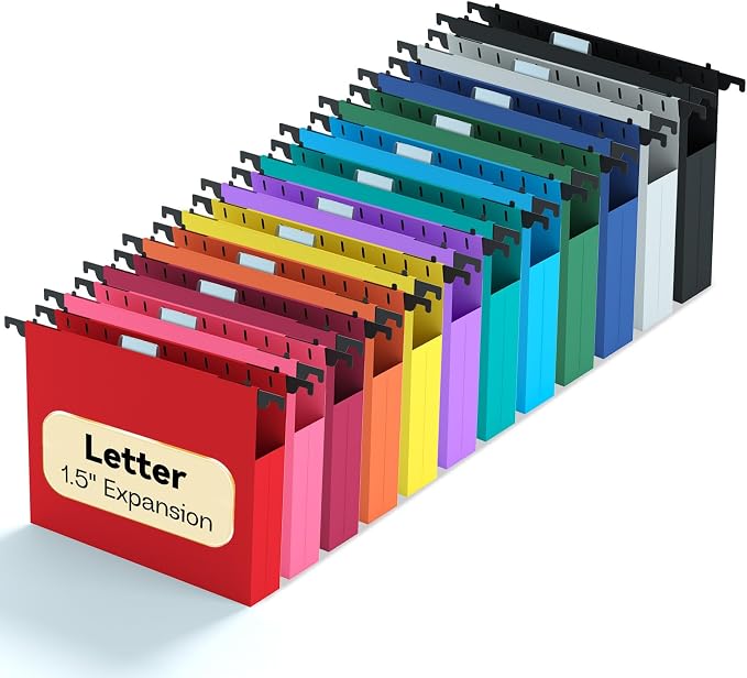 Letter Size Hanging File Folders Extra Capacity,1.5" Expandable Plastic Hang Folder for Filing Cabinet,12 Pack Reinforced Heavy Duty File Folder with Tabs,Filing System for Home Office-Colored
