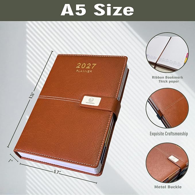 2027 Daily Planner - One Page per Day, 2027 Hourly Daily Calendar(Jan-Dec 2027), 5.7" x 8.26" Appointment Book, Leather Cover + Thick Paper (Brown)
