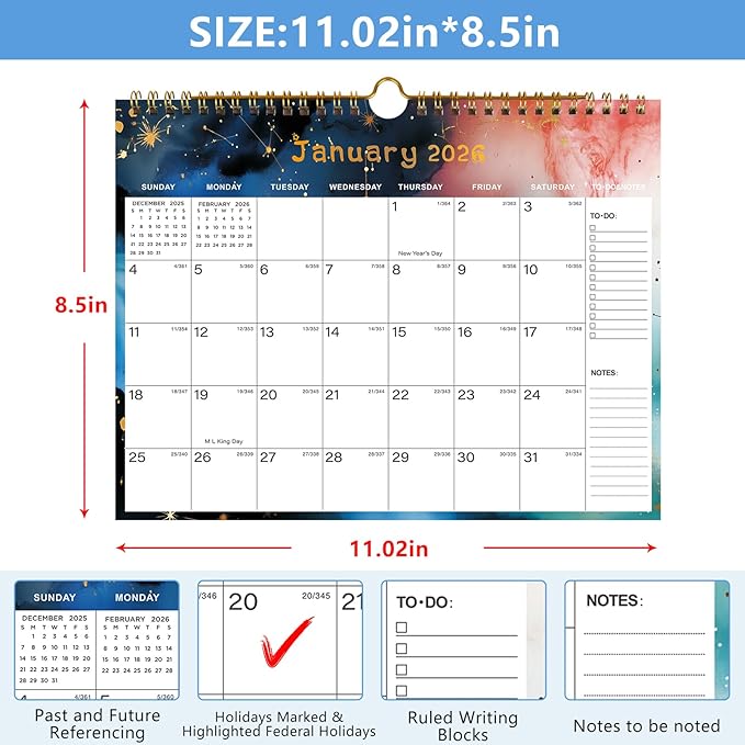 2026-2027 Wall Calendar - Includes January 2026 to June 2027, 18-Month Paper Wall Calendar 11 x 8.5 Inches.Thick Paper with Julian Dates and Block for New Year and Christmas Holidays To-dos ＆ Notes (I)