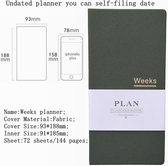 Undated Pocket Weekly Planner Schedule Organizer Agenda Year Month Week Plan A6 Notebooks (Green with clear cover)