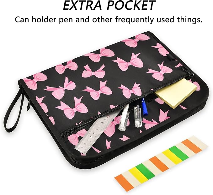 Expanding File Folder Pink Bow Black N Accordion File Organizer 13 Pockets Document Organizer with Zipper Labels A4 Letter Office Storage
