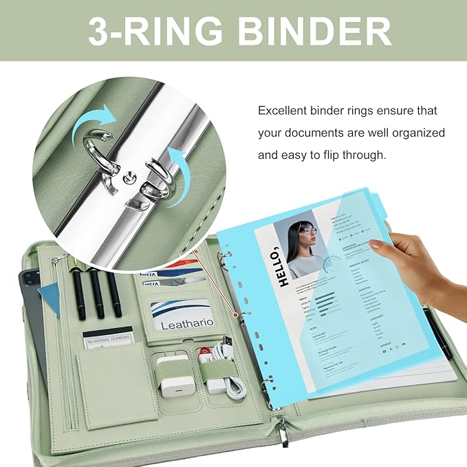 Leathario Portfolio Binder, Includes 5 Folder Index Dividers, 13 Inch Tablets Organizer with Handle, Vegan Leather A4 Padfolio, Multi-Pocket Notepad Business Planner Professional Document