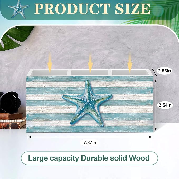 Feifeiya Starfish Coastal Pen Holder for Desk Lake House Nautical Beachy Wooden Box Sign Desk Decor Starfish Pencil Organizer Ocean Beach Lovers Gifts for Home Office Tabletop Shelf Decoration
