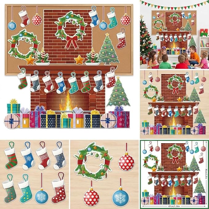 4Ft Christmas Fireplace Bulletin Board Set Christmas Bulletin Board Decoration Christmas Gifts Fireplace Wreath Stockings Cutouts for Classroom Home Chalkboard Wall Decoration, 52Pcs