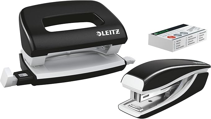 Leitz 55612095 Mini Stapler and Hole Punch Set, Staple or Punch Up to 10 Sheets, Includes P2 N°10 Staples, Wow Range, Black