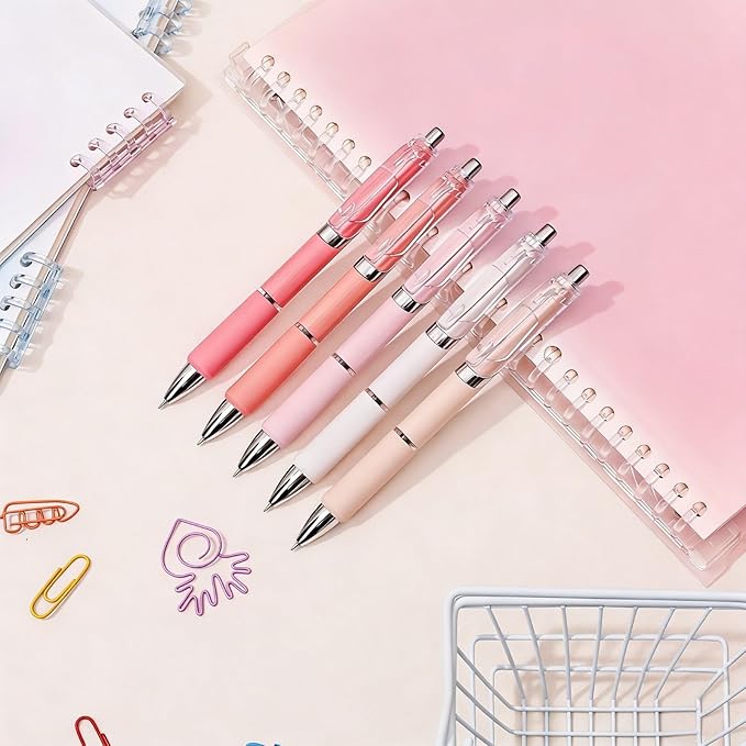 Temiary 5 Pcs Retractable Gel Pens, 0.5 mm Black Ink Fine Point Quick Dry Gel Ink Pen, Aesthetic Smooth Writing for School Office Journaling Note Taking and Sketching (Pink)