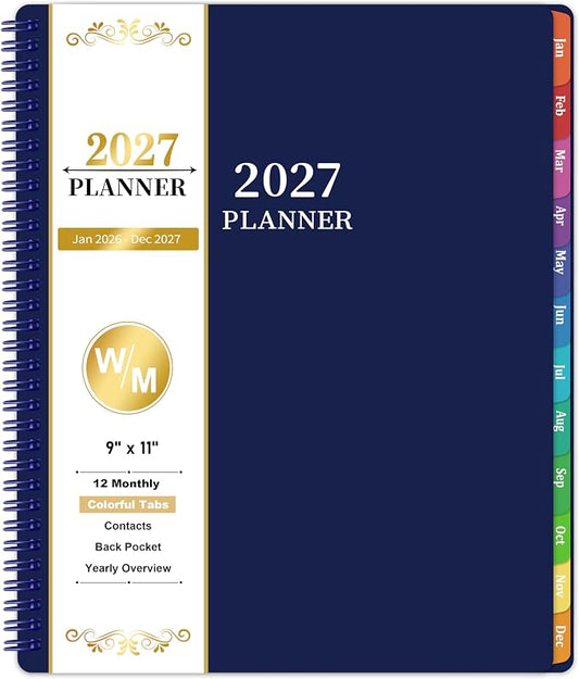 Vondafe 2027 Planner Weekly and Monthly - JAN 2027 - DEC 2027, 9"×11", Calendar Planner 2027, Weekly and Monthly Planner with Polypropylene Cover, Inner Pocket, Colorful Tabs & Thick Paper - Navy