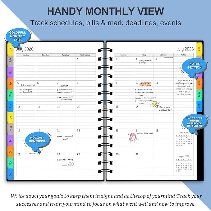 2026 Weekly and Monthly Planner Calendar - from January 2026 - June 2027, 5.7" x 8.3" Daily Agenda Planner with 18 Monthly Laminated Tabs, Flexible Cover, Note Pages, Bookmark, Wirebound, Black
