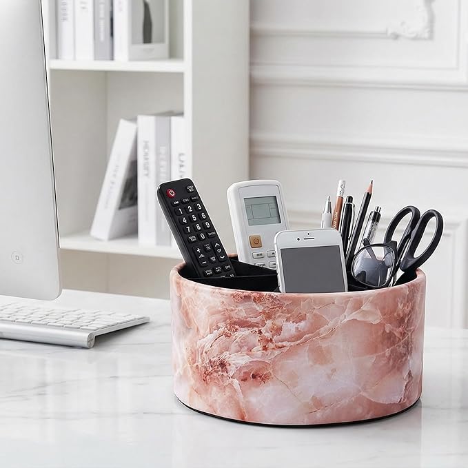 Remote Control Holder, 360°Spinning PU Leather Desk TV Remote Caddy,Desk Storage Box Room Accessories for Controller, Media,Mail,Calculator, Mobile Phone,Pencil(1-Big Marble Pink)
