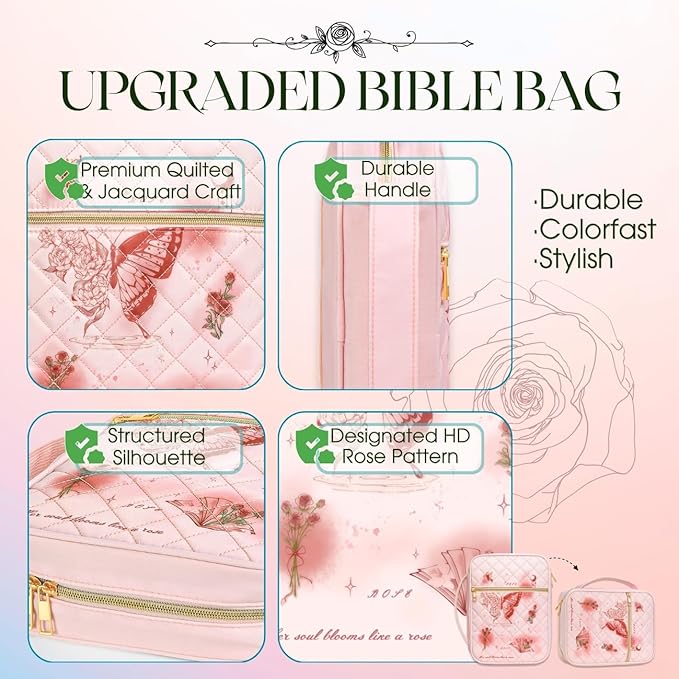 Pink Bible Cover Case: Mothers Day Gifts Large Quilted Bible Bag with Multi Pockets 26 Pcs Study Supplies Journaling Kit, Durable Book Carrying Cases Presents with Butterflies Rose Print