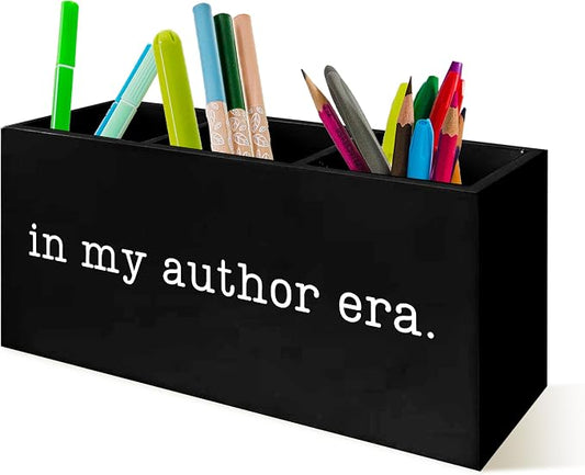 Author Writer Gifts Pen Pencil Holder Organizer for Desk, Gifts for Writers and Authors, In My Author Era Wooden Box Block Sign for Home Office Tabletop Decor, Study Room Library Decor