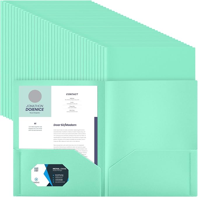 Gueevin 200 Pack Plastic Folder with Pockets, 2 Pocket Folders, Plastic Glossy Folders Fit Letter Size Paper, Heavy Duty Durable File Folder with Business Card for Home Office School (Bright Green)