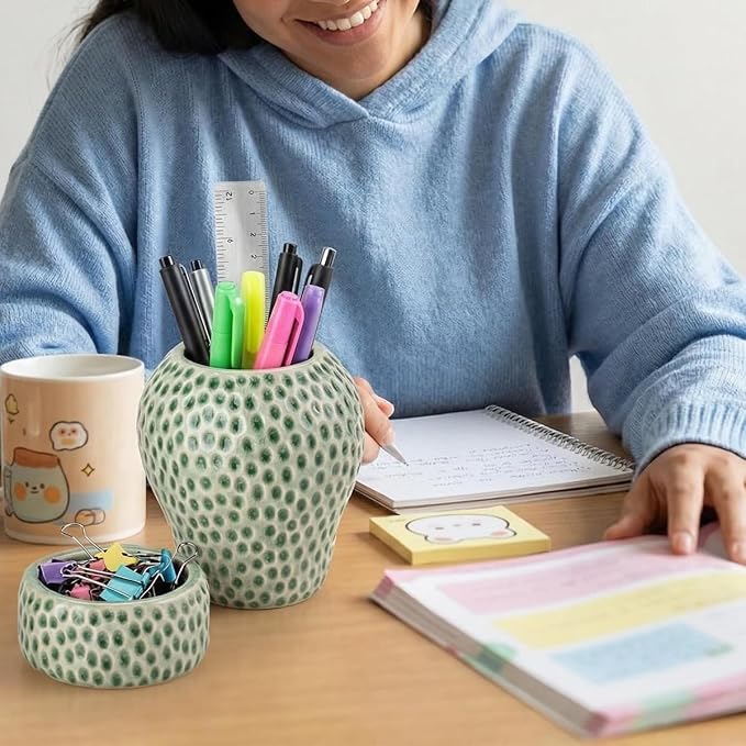 Ceramic Paper Clip Holder, Strawberry Pen Holder Set, Cute Pen Holder for Desk Storage Set of 2, Office, School, Home Decor(Green)