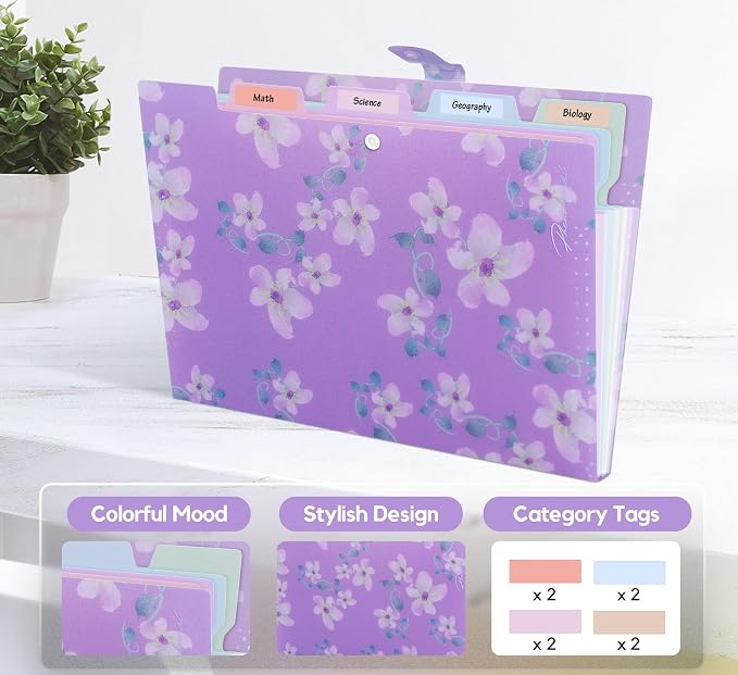 Flower Series Expanding File Folder, Vintage Floral Elegant Funky Cute Retro Document Organizer for Document Arrangement - Purple Floral