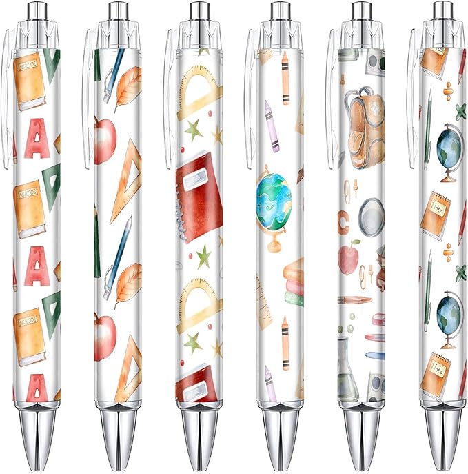 6PCS Back To School Pattern Pens Set, Reusable Writing Pens, Cute Accessories Items Stationary, Perfect for School, Office Supplies, Party Gifts, Theme Notebooks, Sticky Notes, Desk Decor