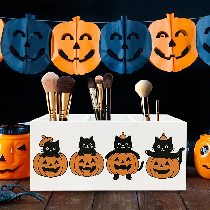 Halloween Black Cat Pen Holder for Desk, Funny Pumpkin Cute Black Kitten Wooden Box Sign Desk Decor for Home Office Decoration, Fall Halloween Pencil Organizer, Cat Lover Gifts