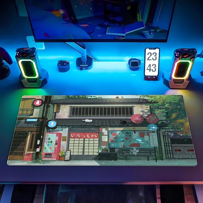 Kawaii Anime Cat Gaming Desk Mat Pad, Vibrant Green, XL 31.5"x15.7" | Mouse & Keyboard Pad, Stitched Edge, For Home Office & Computer Gaming Setup