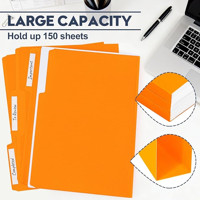 File Folders,Colored File Folders Letter Size,8.5" x 11",150 Pack 1/3 Cut Tab Bulk Folders,Durable Paper Folders with Blank Labels for Office Business School Home Use,Pumpkin Orange