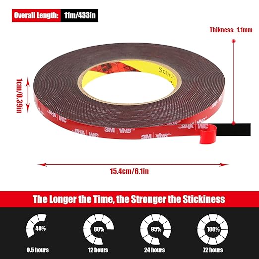 Double Sided Tape Heavy Duty, Waterproof Mounting Foam Tape, 36.5ft Length, 0.4in Width, High Temperature Resistant Adhesive Tape for Car, LED Strip Light, Office Decor, Uses VHB 5952 Raw Material