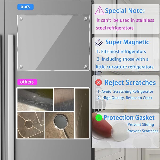 JonXon Acrylic Magnetic Dry Erase Board for Fridge 10"x14" Clear Acrylic Magnet Board for Refrigerator,Includes 6 Colors Magnetic Markers(Clear Blank)