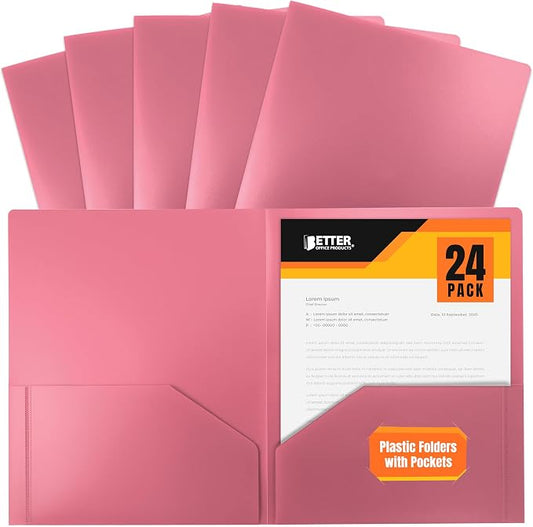 Better Office Products Heavyweight Plastic 2 Pocket Portfolio Folder, Letter Size Poly Folders, 24 Pack (Pink)