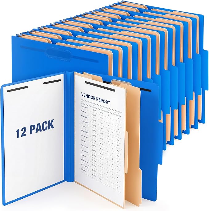 12 Pack Plastic Classification Folders with 2 Dividers & Fasteners, Heavy Duty 3.5” Expansion Letter Size File Folders for Law Client Files, Medical Records & Office Reports(Dark Blue)