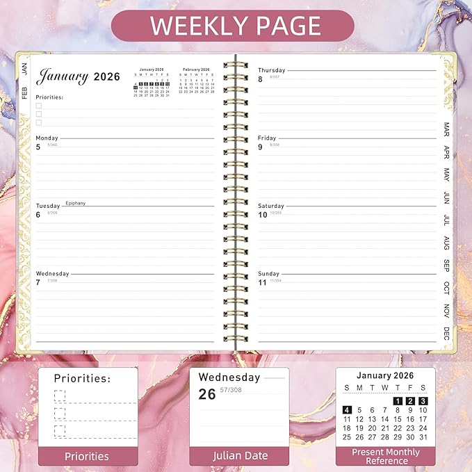 2026 Planner, Jan.2026 - Dec.2026 Weekly Monthly Planner 6.25"x8.5" with Page Tabs, Calendar Hardcover with Inner Pocket, Elastic Band, Twin-Wire Binding, Bookmark, Pink Marble