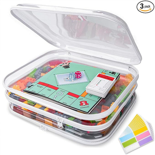 3 Pack Extra Large Clear Board Game Storage Hard Shell Case with Zipper, Organizer Set with Stickers for Card Decks Puzzle Magazine Comic Book Documents a4 Paper and Craft, 13.8 × 11.8 in