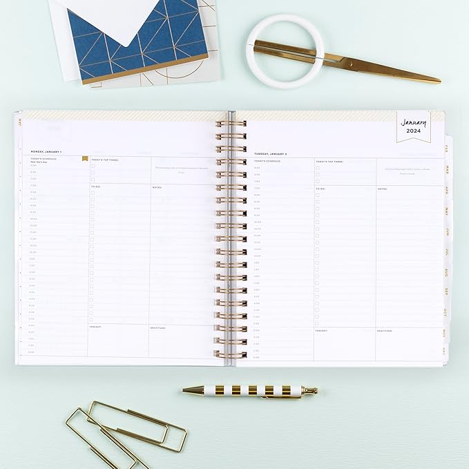 Blue Sky Day Designer 2024 Daily and Monthly Planner, 8" x 10", Frosted Cover, Wirebound, Navy Stripe (142098-24)