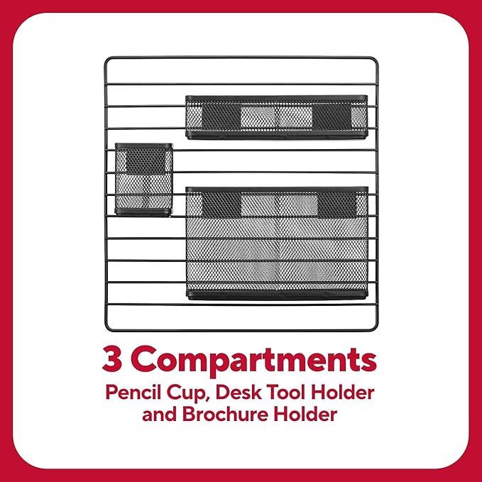 TRU RED Metal Mesh Wall Organizer, 3‑Compartment, Black – Wall‑Mounted File & Accessory Organizer for Mail, Folders & Office Supplies