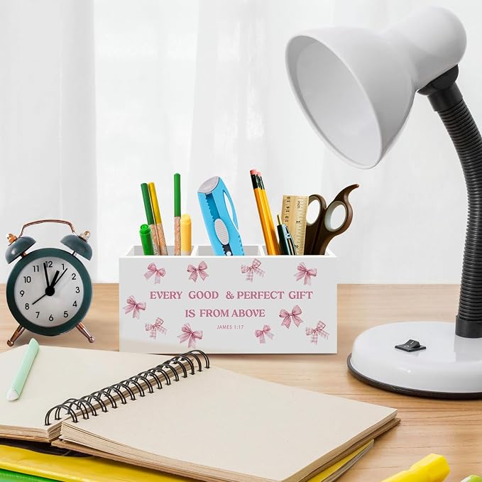 Pink Bow Christian Pen Pencil Holder for Desk,Coquette Bible James 1:17 Office Desk Accessories, Pink Christian Gifts Pen Holders Organizer for women Home Girls Room Dorm, girly office decor
